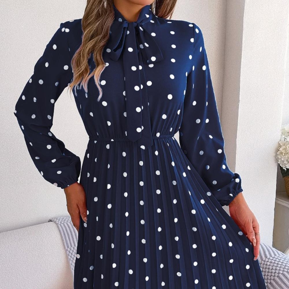 GMXIA Женская мода лето-весна принт в горошек с длинным рукавом и v-образным вырезом тонкие повседневные платья со шнуровкой и складками