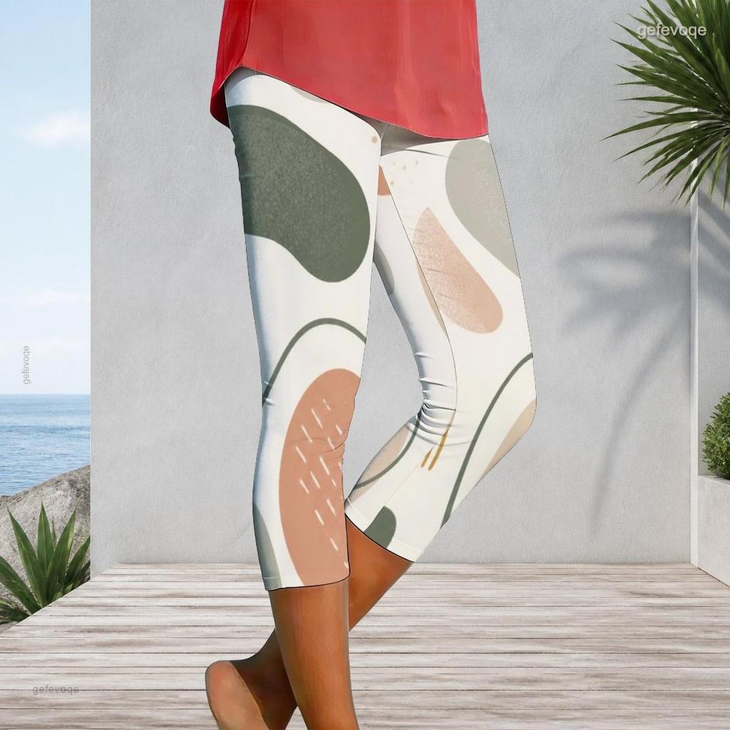 Women Plus Size Abstract Geometric Line Print High Waist Capri Leggings Stretchy Slim Fit Cropped Pants For Yoga Workout Casual Daily Wear