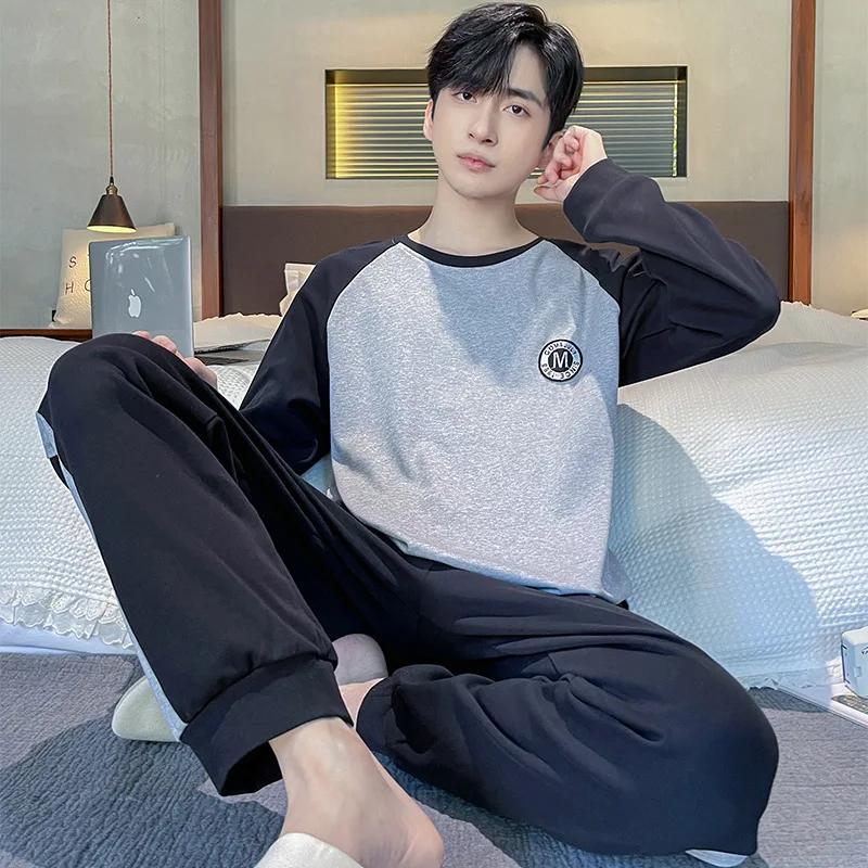 Пижамы мужские весенние и осенние с длинными рукавами, длинные брюки, простая домашняя одежда, тонкий хлопок, мужские большие размеры, весенние модели, костюм для отдыха