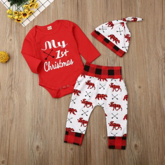 Christmas Baby Newborn First Xmas Romper +Pants+Hat Clothes