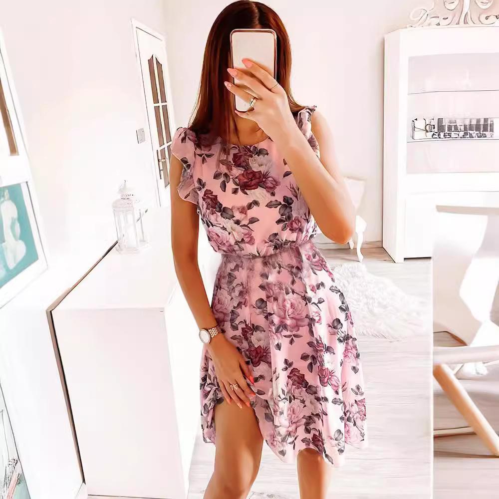 IHUASU Summer Holiday Style Ruffle Short Sleeve Chiffon Printed Rose Dress