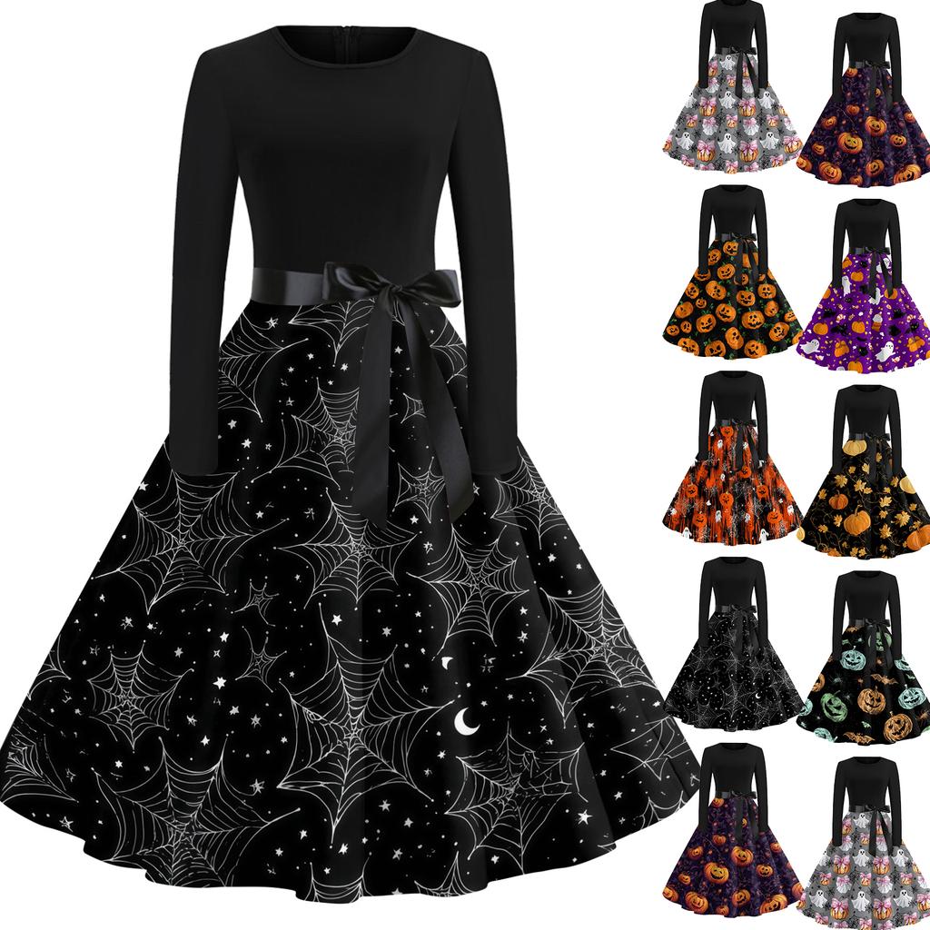 Women's Casual Long Sleeve Round Neck Dress Vintage Style Halloween Print Skater Dress with Waist Tie Belt Retro Swing Midi Dress