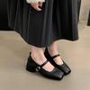 Retro Square Head Light Mouth Thick Heel Single Shoes Female Spring and Autumn New French Evening Breeze Fairy Soft Leather Mary Jane Small Leather Sh