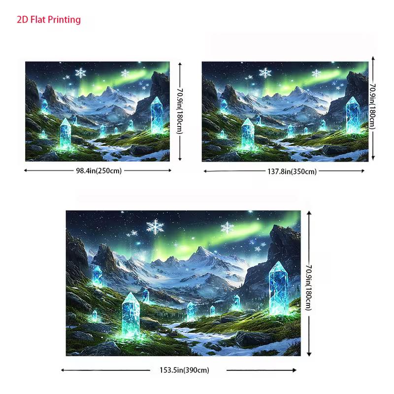 2D Aurora Borealis Tapestry, Glowing Blue Crystal & Winter Landscape Wall Hanging