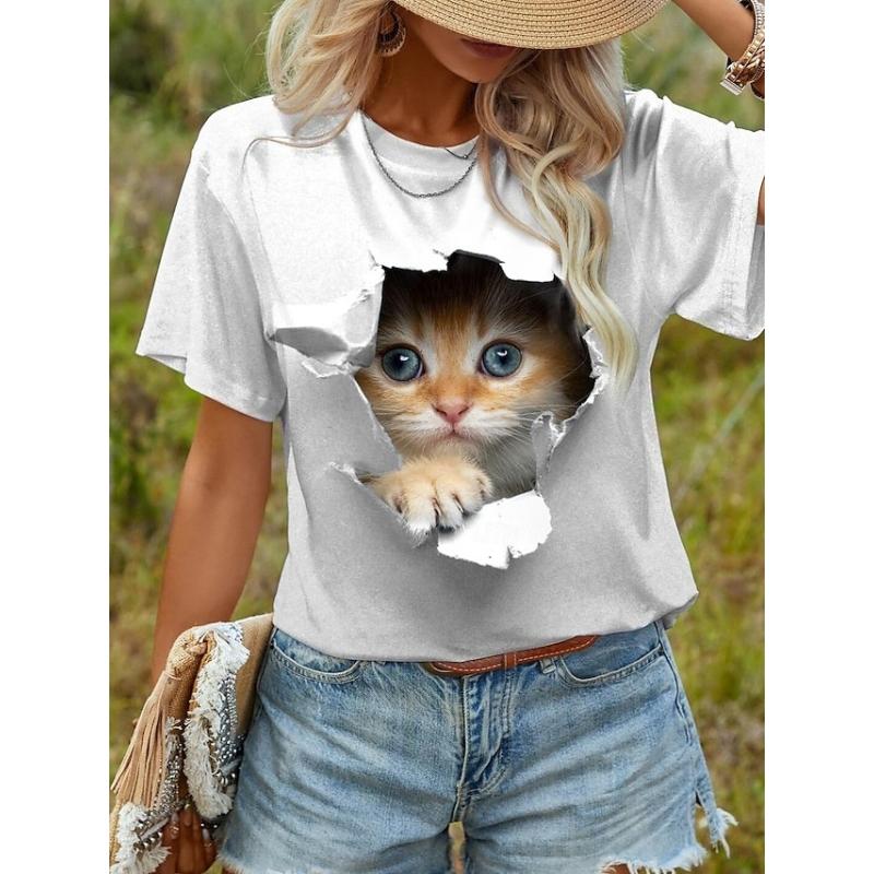 Funny 3D Cartoon Cat Print Women's T-Shirts Casual O-neck Short Sleeve Top Fashion Kawaii Animal Pattern Blouse Summer Loose Tee