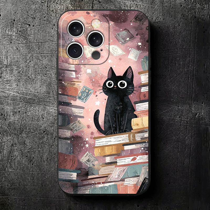Милый кот Книжная полка Интересный Мягкий чехол для телефона для iPhone 16 16E 17 Air 15 Pro Max 14 Plus 13 Mini 11 12 7 Черный Чехол Задняя Полка
