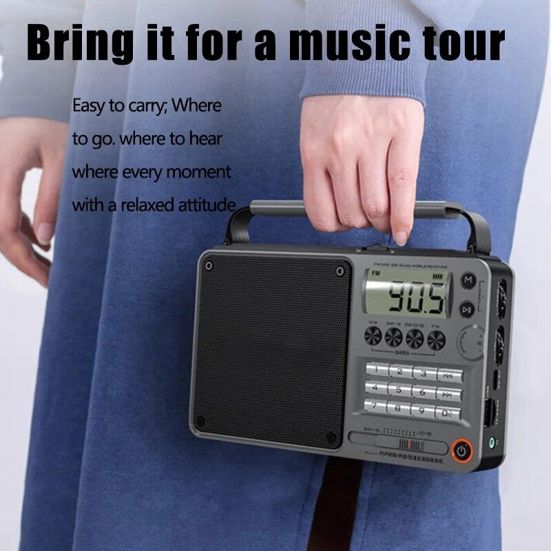 FM/AM/SW Full Band Radio Bluetooth Digital Retro Radio Hifi Portable U-Disk USB/TF/Mp3 Music Player Speaker Bass LED Flashlight