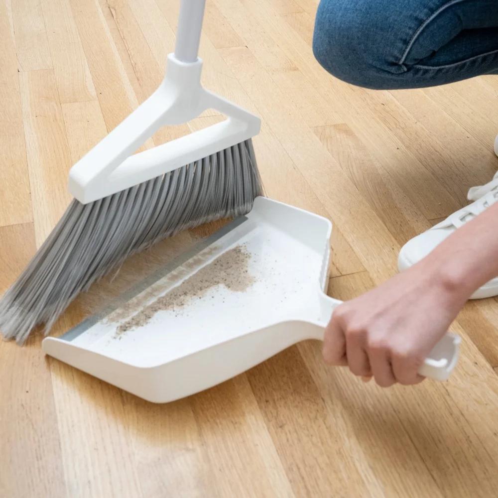 Angled Broom and Dustpan Set Effective Cleaning Tool Flagged Bristles Built-In Teeth Easy Storage Durable Metal Handle