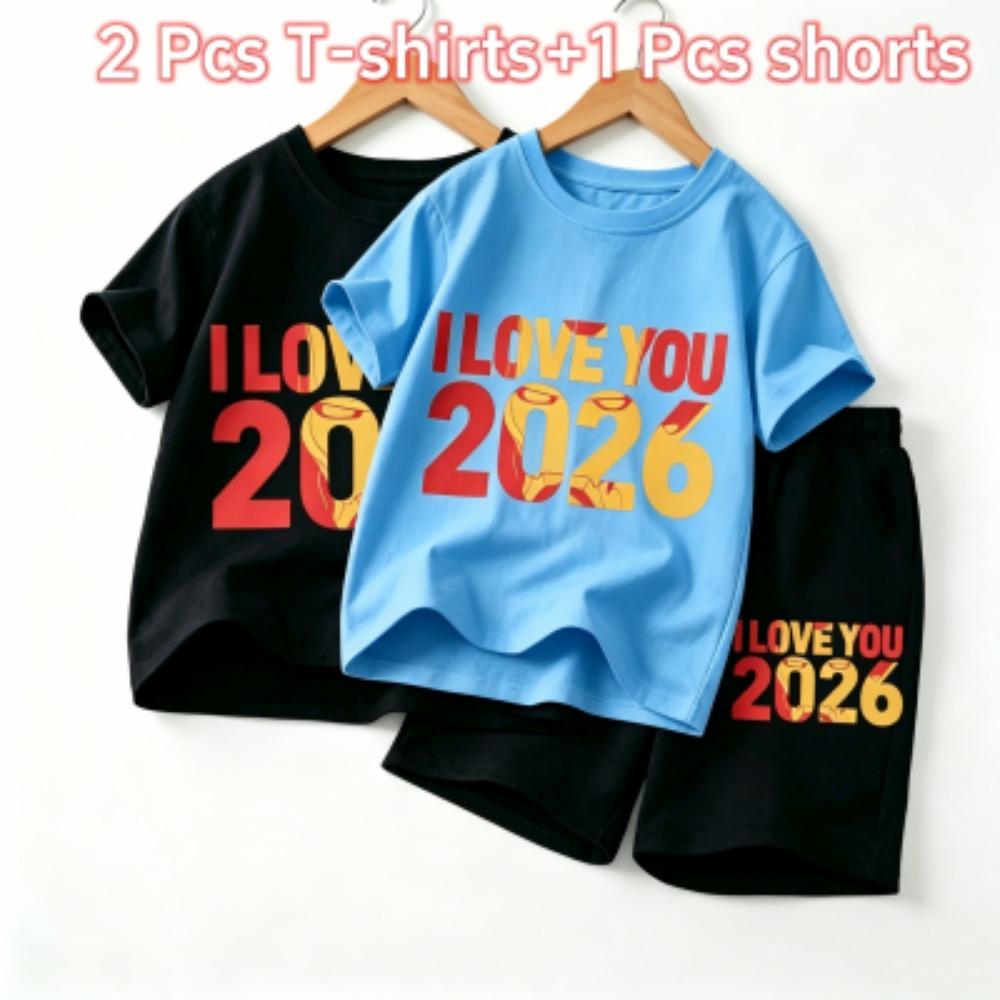 Fashion Letters I Love You 2026 Print Outdoor Street Kids T-shirt and Shorts Summer Home Casual Outfit Boy and Girl's Sports Set