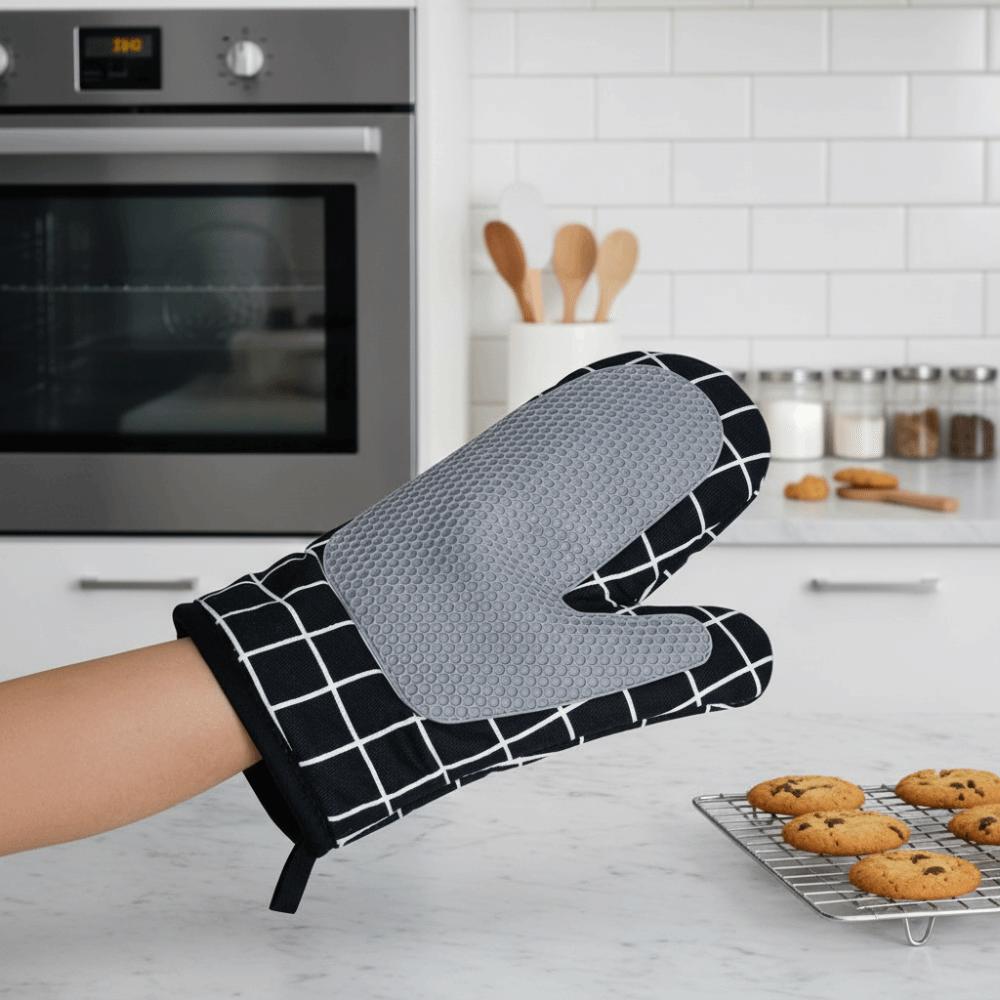 1 Pair Non-slip Oven Gloves Cotton Lining Baking Mitts Simple Kitchen Microwave Gloves Pot Lid