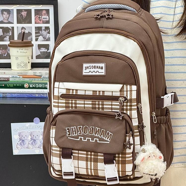 Schoolbag wholesale 1011 large capacity student schoolbag plaid contrasting color college style multi-layer backpack short trip backpack female