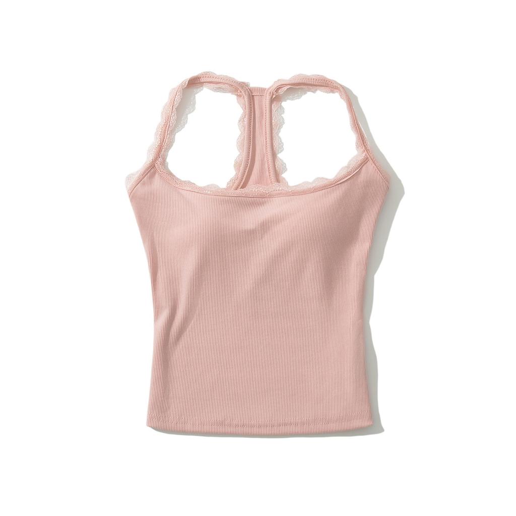 Women's Summer 2024 Backless Slim-Fit Halter Top with Bra Pads & Lace Trim