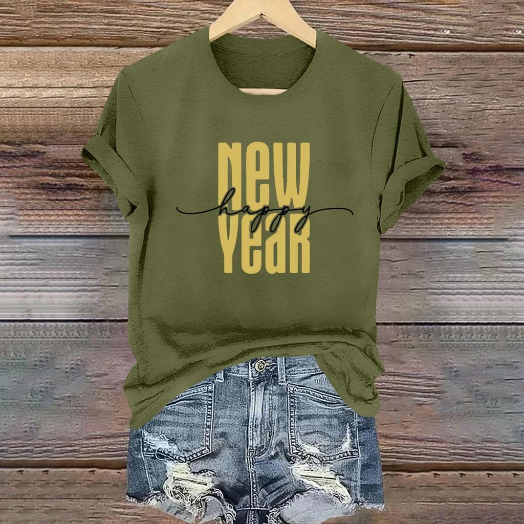 Women's Long Sleeve Round Neck T-Shirts 2025 New Year Print Puff Sleeve Shirts Button Blouses Tops