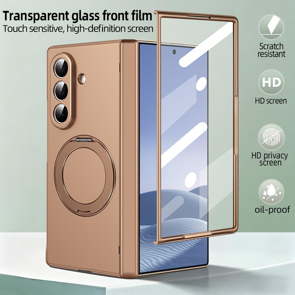 For Galaxy Z Fold 8 Ultra /7/6/5 Full Back PC Anti-finger Phone Case with 360° Alloy Kickstand Magnetic Holder And Glass Film