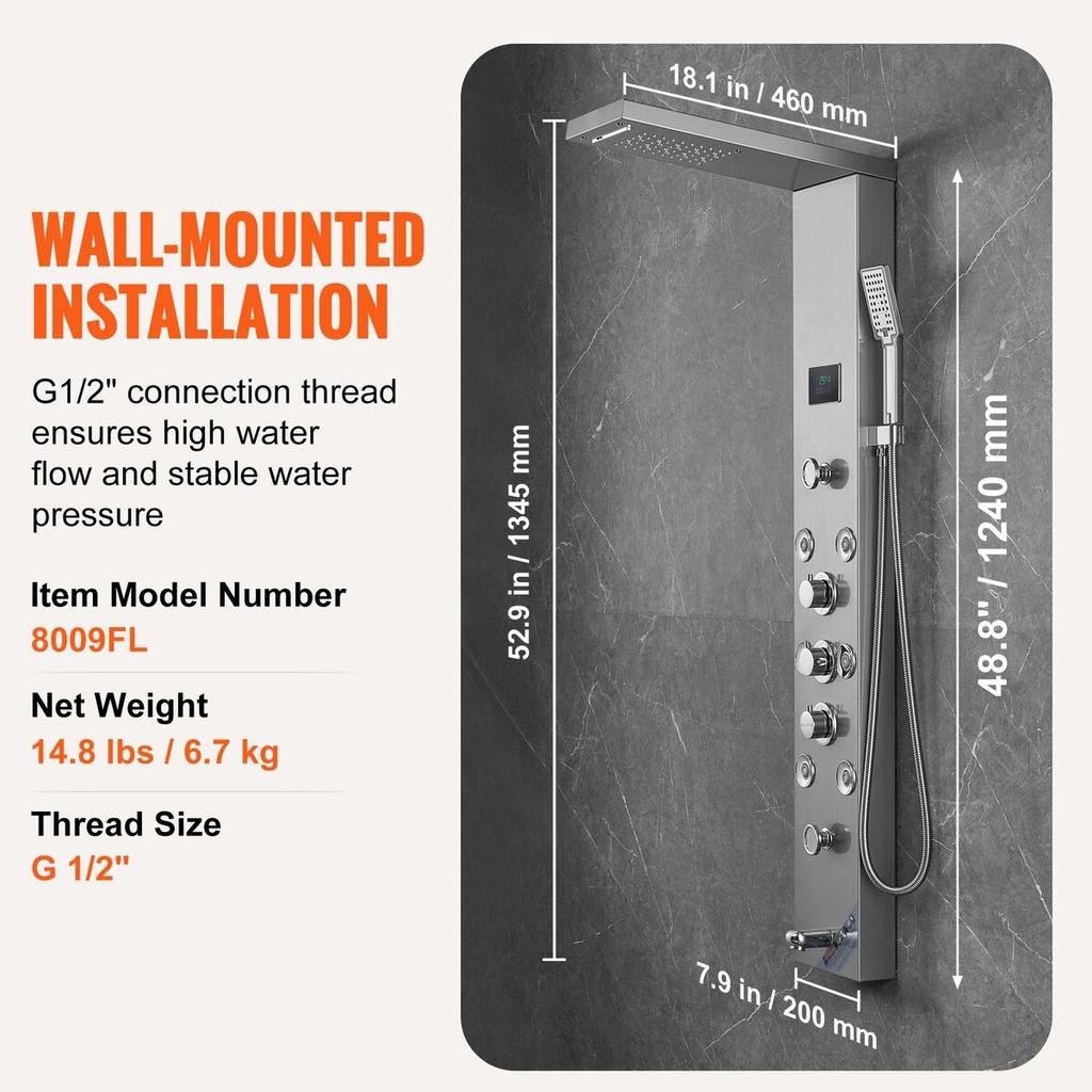 Shower Panel Tower System 6 Modes Hydroelectricity LED Stainless Steel