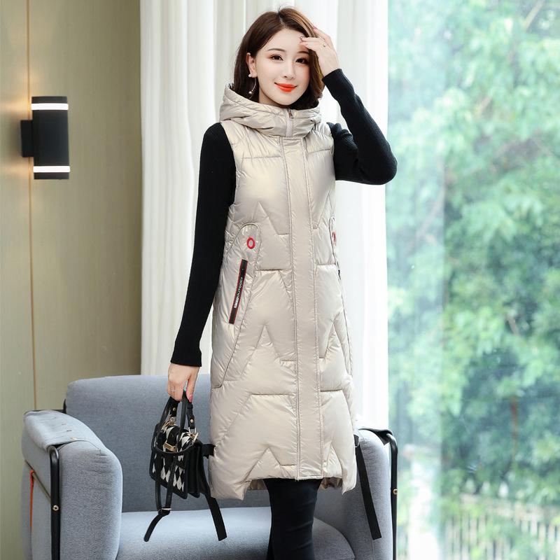 Women's Autumn and Winter Long Warm Vest Puffy Zipper Warm Vest Hooded Lined Padded Cotton Vests