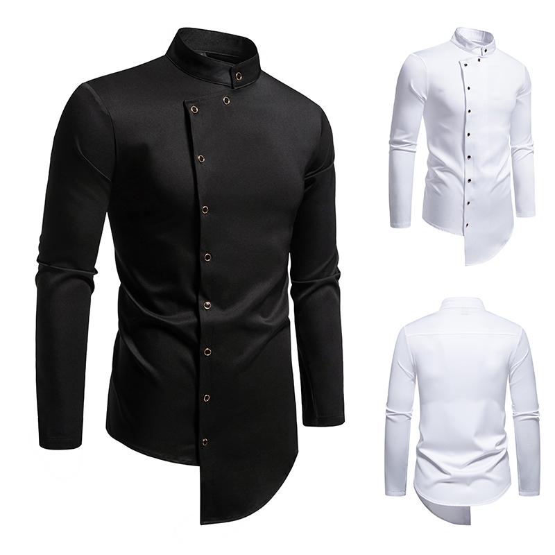 Autumn Men's Trendy Irregularly Degsin Shirts Long Sleeve Stand Collar Solid Color Casual Shirts Single Breasted Shirts