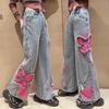 2025 Big Hot Deals Girls Fashion Spray-Painting Butterfly Denim Wide Leg Pants High Waist Korea Style Long Jeans Teens Trousers