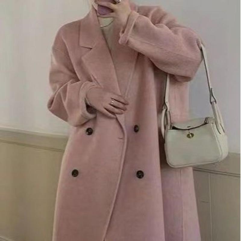 Autumn and Winter Korean Style Long Hair Baby Camel Wool Double-sided Wool Coat Double-breasted Simple High-end Coat New Style for Women