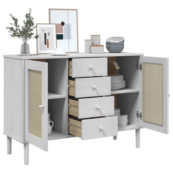 VidaXL Buffet SENJA aspect rotin blanc 112x40x80cm bois massif de pin 358026