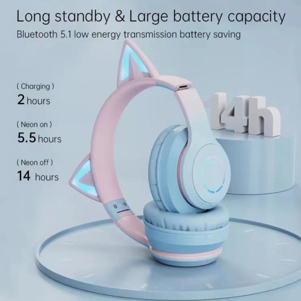 Наушники-кошачьи ушки с подсветкой RGB, беспроводные, V5.1, складная гарнитура, съемный микрофон, компьютерные игровые наушники