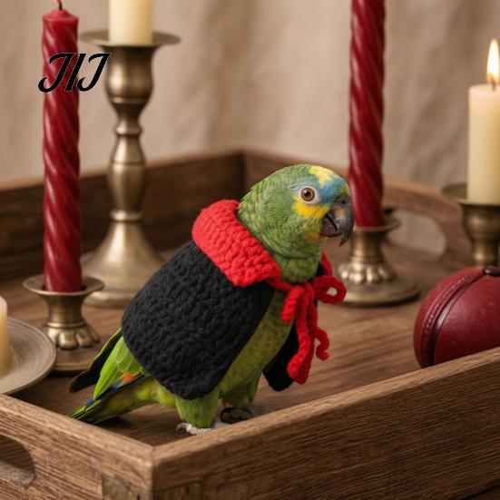 Small Animal Holiday Outfit Halloween Parrot Vampire Cape, Knitted Cosplay Cape with Red Decorative Bird Wear Collar, Crochet Cloak for Parrots Party