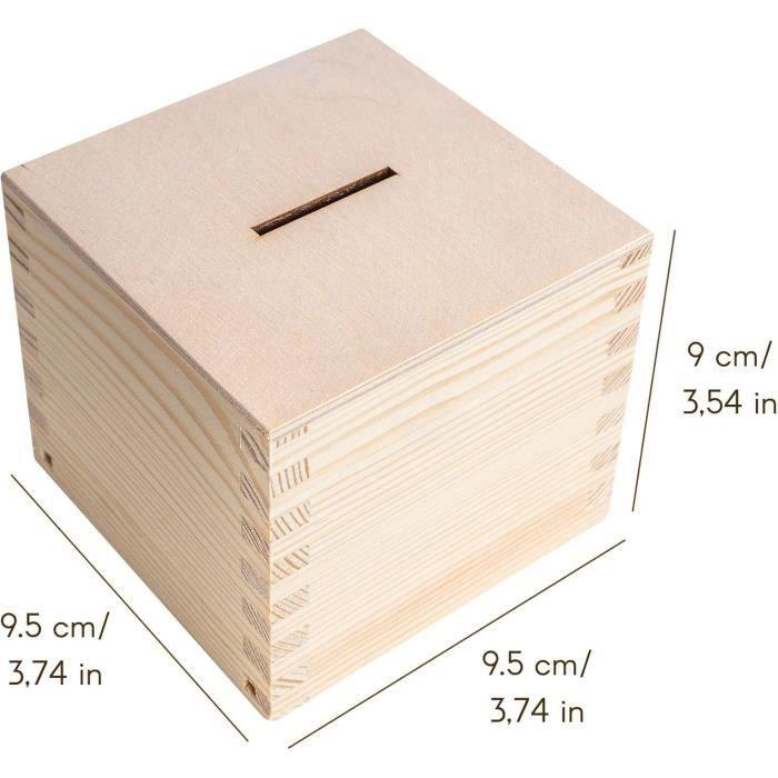 Tirelire en Bois de Pin Brut - CREATIVE DECO - Carré - Petite Monnaie - 9,5 x 9,5 x 9 cm