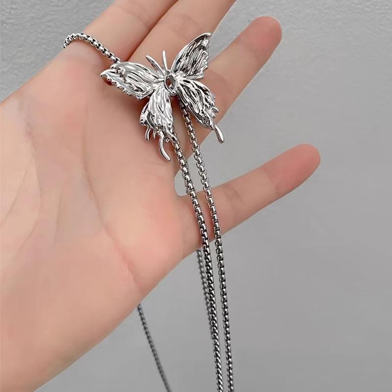 Metal Liquid Butterfly Pull Adjustable Necklace Long Accessories Design Fashion Temperament Versatile Collarbone Chain