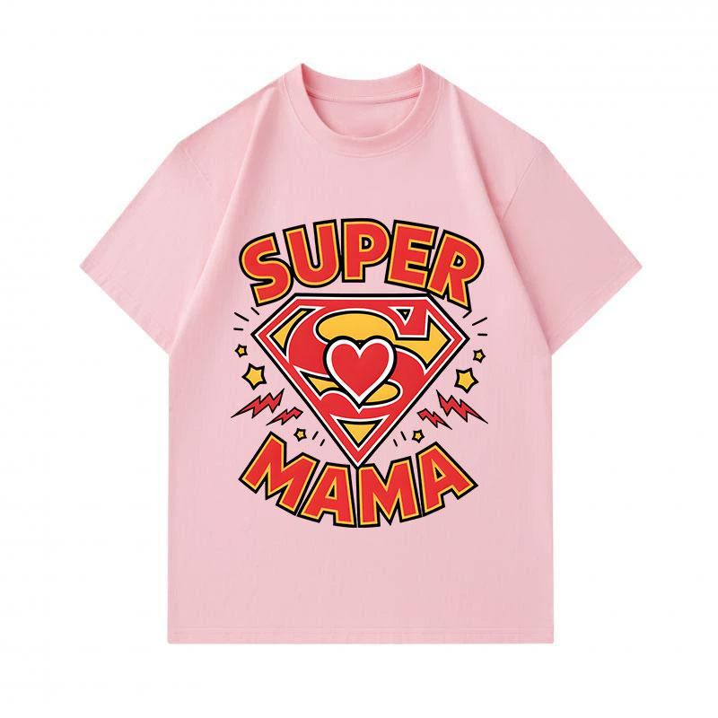 100% Cotton Men's Crew Neck Short Sleeve T-Shirt, Super Mama Superhero Heart Printed Casual Tee, Breathable Soft Top for Daily Mother's Day Gift Wear