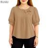 ZANZEA Женская повседневная летняя блузка с круглым вырезом и коротким рукавом