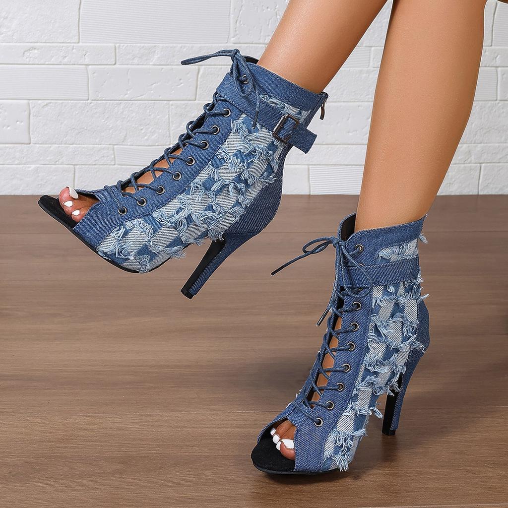 2024 European and American Lace-up Fish Mouth Cool Boots Autumn Comfortable Hollow Stiletto Heels Dancing Sandals Large Size Heels