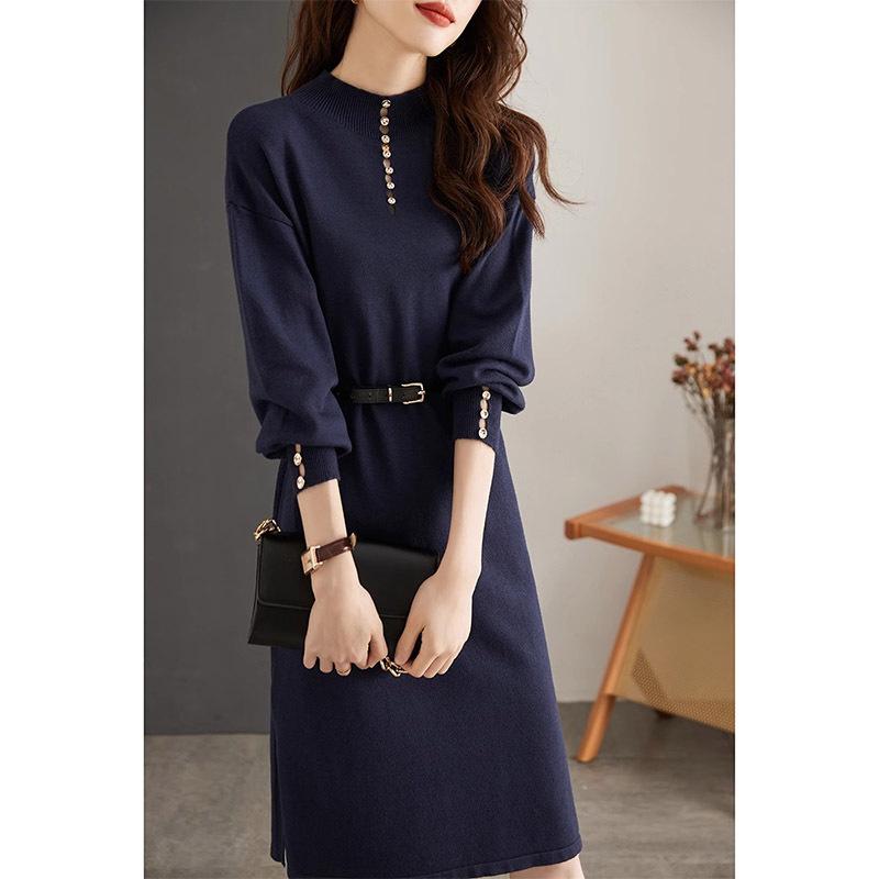 Vintage Style Royal Sister Style One Tone Mid-length Inner Sweater Dress Winter Half-high Neck Base Knitted Dress