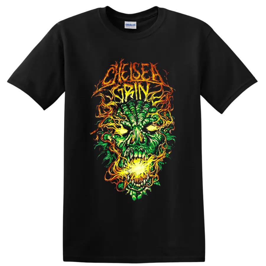 Chelsea Grin Deathcore Metal Band T Shirt w/ Neon Green Skull Fire Graphic Tee