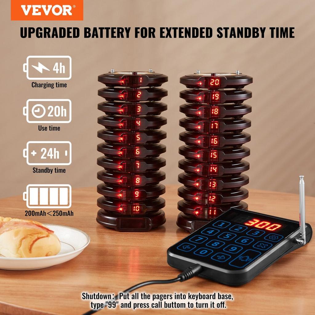 Restaurant Pager System, Wireless 500m Long Range Lineup Waiting Queue Signal, Guest Customer Calling Beepers with Vibration & Flashing, 20 Buzzers