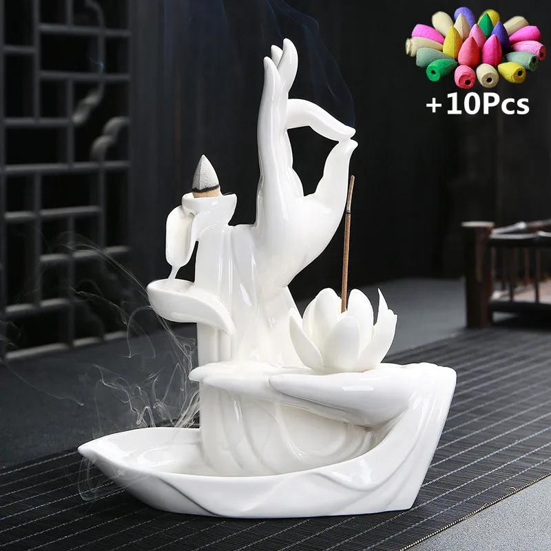 Gift 10Cones Ceramic Incense Censer Buddha Hand Backflow Incense Burner Lotus Incense Stick Holder