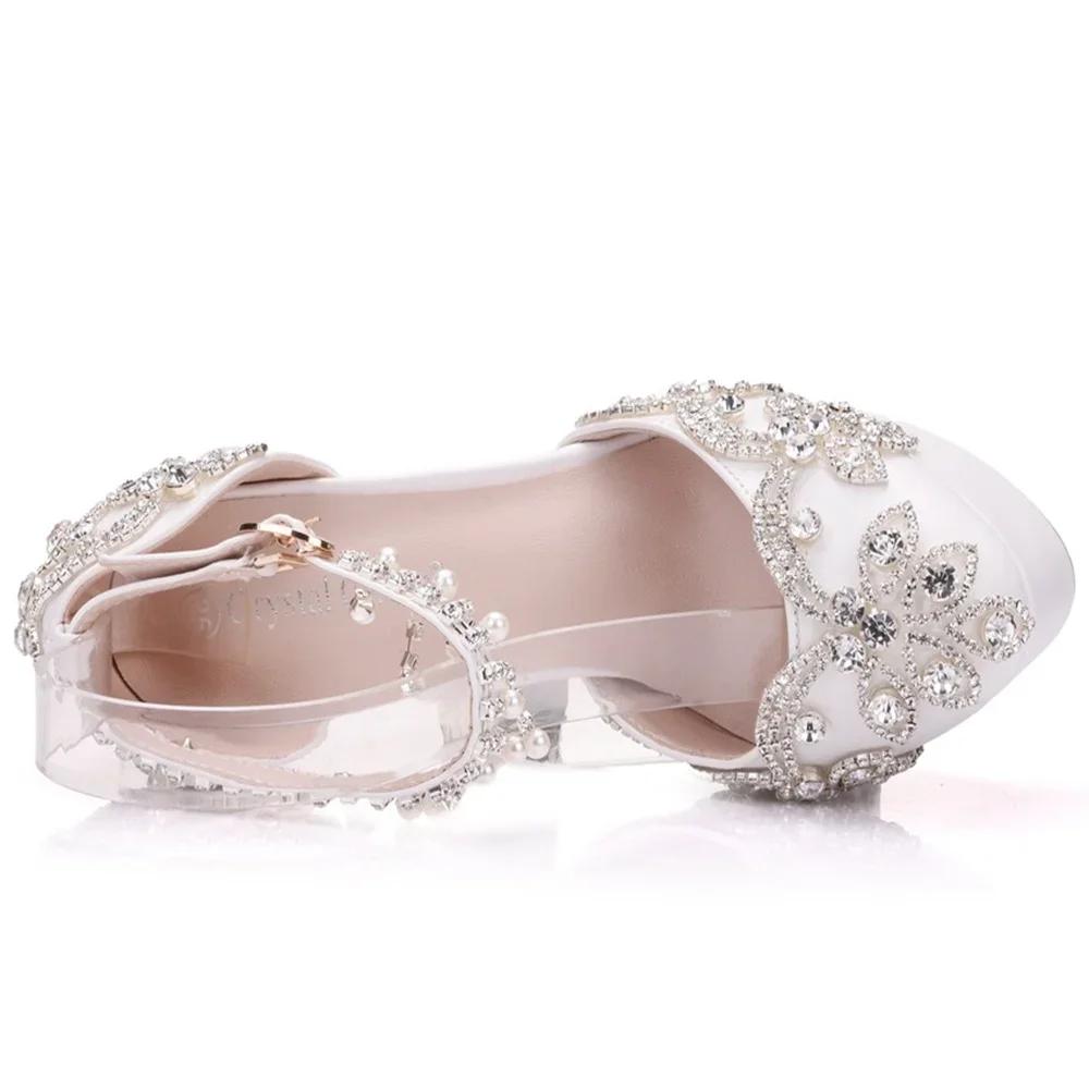 Мода 2025 Женские летние сандалии Белый круглый носок Свадебные женские туфли на высоком каблуке Платье Туфли Стразы Ремешки на щиколотке