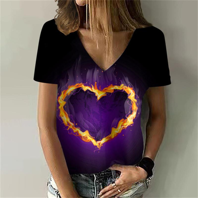 Versatile Sexy V-neck Women's T Shirt Flower 3D Print Summer Short Sleeve Fashion Street Harajuku Comfortable Ladies Tee Casual