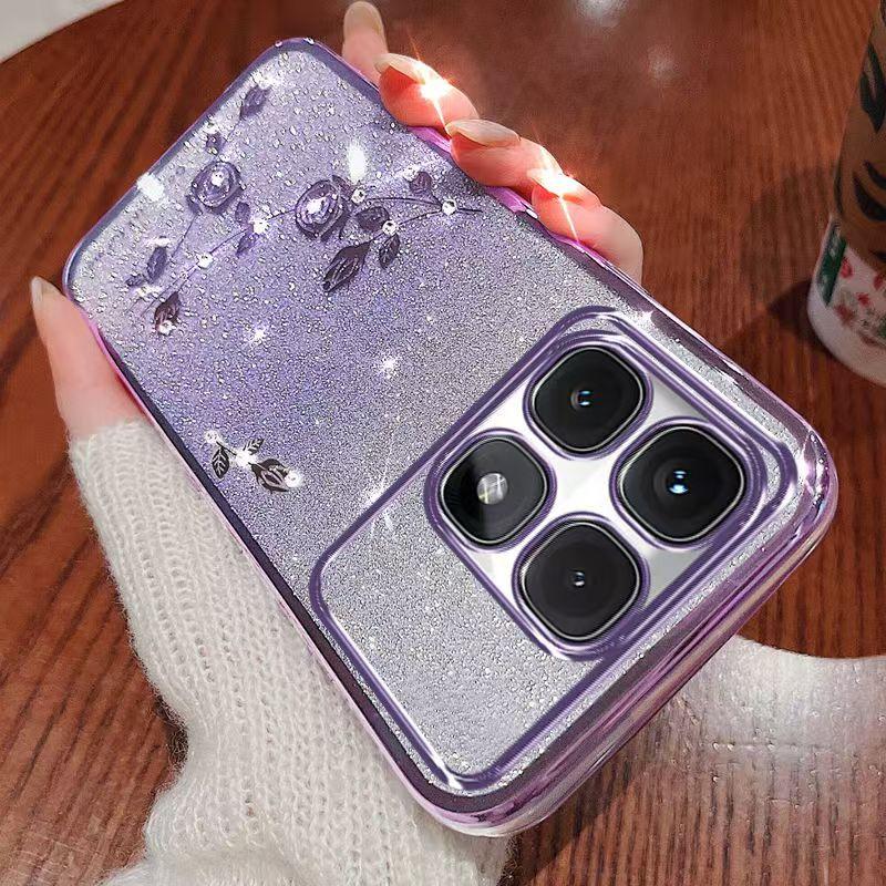 Чехол для телефона XiaoMi 14T 5G, Mi 14T Pro 5G Flash Pink Flower Прозрачный противоударный защитный чехол с роскошным бриллиантовым сиянием