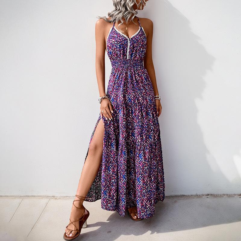 Женское летнее платье-халтер с принтом и V-образным вырезом Темпераментное платье-халтер