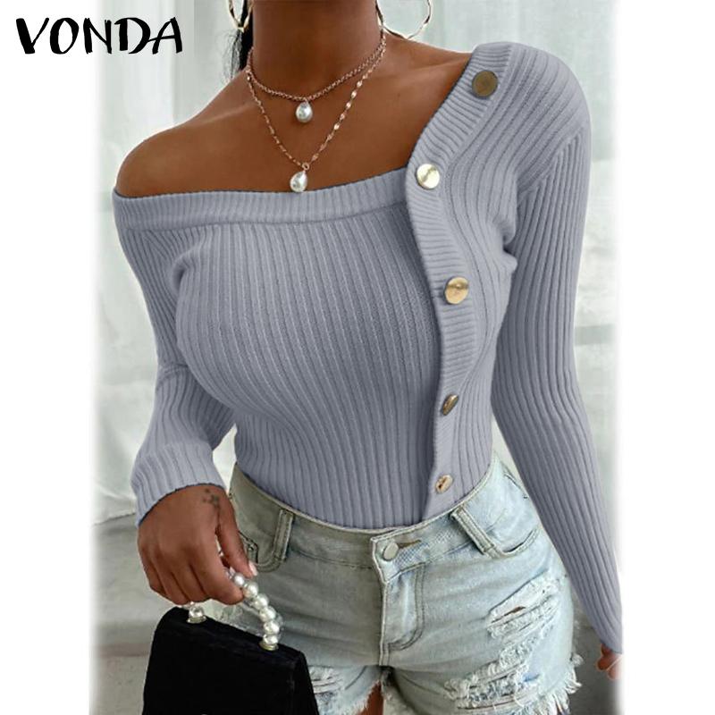 VONDA Женская осенняя мода V-образный вырез длинный рукав трикотажные полосатые теплые блузки