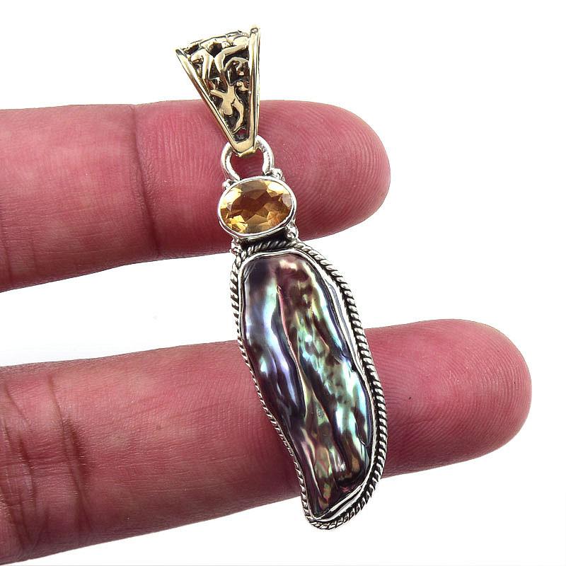 Natural Biwa Pearl, Citrine 925 Solid Sterling Silver Jewelry Pendant 2'' C8b88