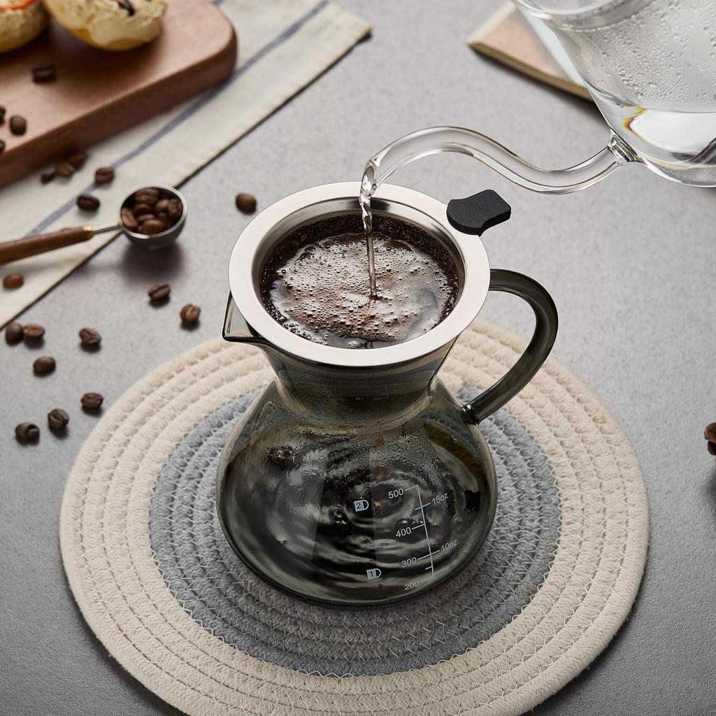 POKALOTEA Drip Coffee Server, Ink Black, 500ml, No Paper Coffee Filter Required, Reusable Stainless Steel Filter, Double-Layer Mesh, Microwave Safe,