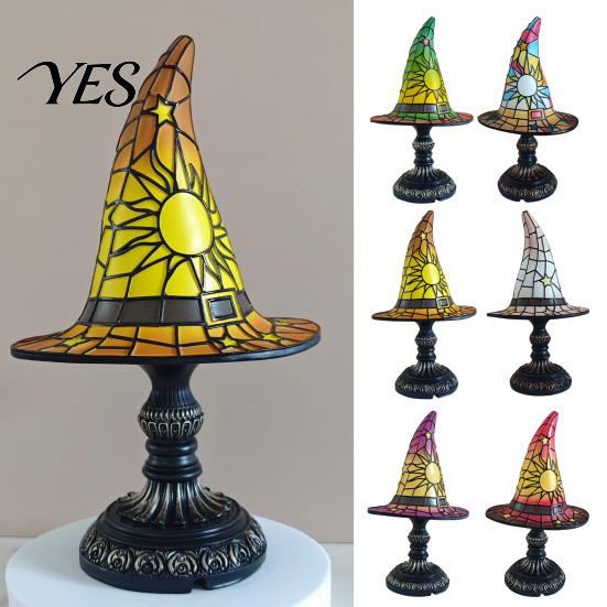 Halloween Nightstand Lamp Stained Glass Witch Hat Lamp, USB Powered Night Light for Bedroom Shelf Cozy Lighting Decor, Warm Glow Gothic Table