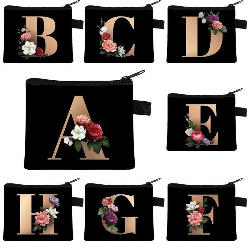 26 Initials Flower Cosmetic Bag A-Z Letter Makeup Bags Women Travel Bridesmaid Gift Ladies Portable Cosmetic Case Beauty Bag
