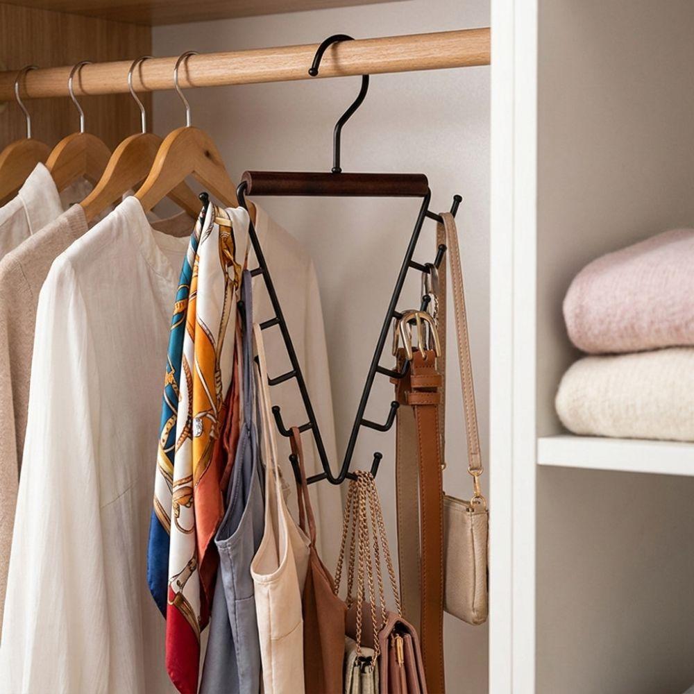 360° Rotating Metal V-Shape Hook Wood Handle Laundry Hanger Hat Tie Scarf Rack Accessory Storage