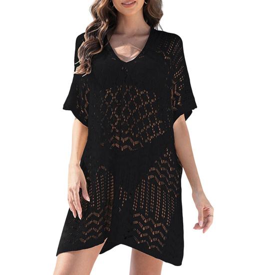 Women's Mesh Crochet Swimwear Cover-Up V-Neck Short Sleeve Hollow Out Beachwear Loose Fit Bikini Cover Up Dress for Vacation Travel