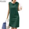 Women Summer O-neck Sleeveless Cotton Tank Dress