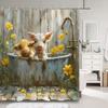 Cute Pig In Bathtub Bath Curtain for Kids Funny Cartoon Animals Rustic Wooden Plank Polyester Fabric Bath Curtain Bathroom Decor