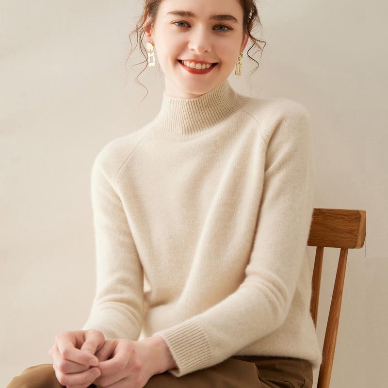 Women's 100% Pure Cashmere Soft Knit Sweater, Half-High Neck, Loose, Skin-Friendly, Slimming Base Layer