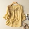 Women's Summer Embroidery Lace Slimming Blouse Boho V Neck Loose Fit Comfy Cotton Linen Tunic Blouse Half Sleeve Tee Shirt Tops